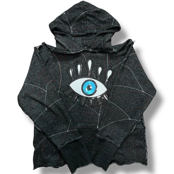 OOAK Upcycled Reworked Black Sequin Patch Eye Bee Franken Hoodie Sweatshirt S/M - Picture 1 of 5
